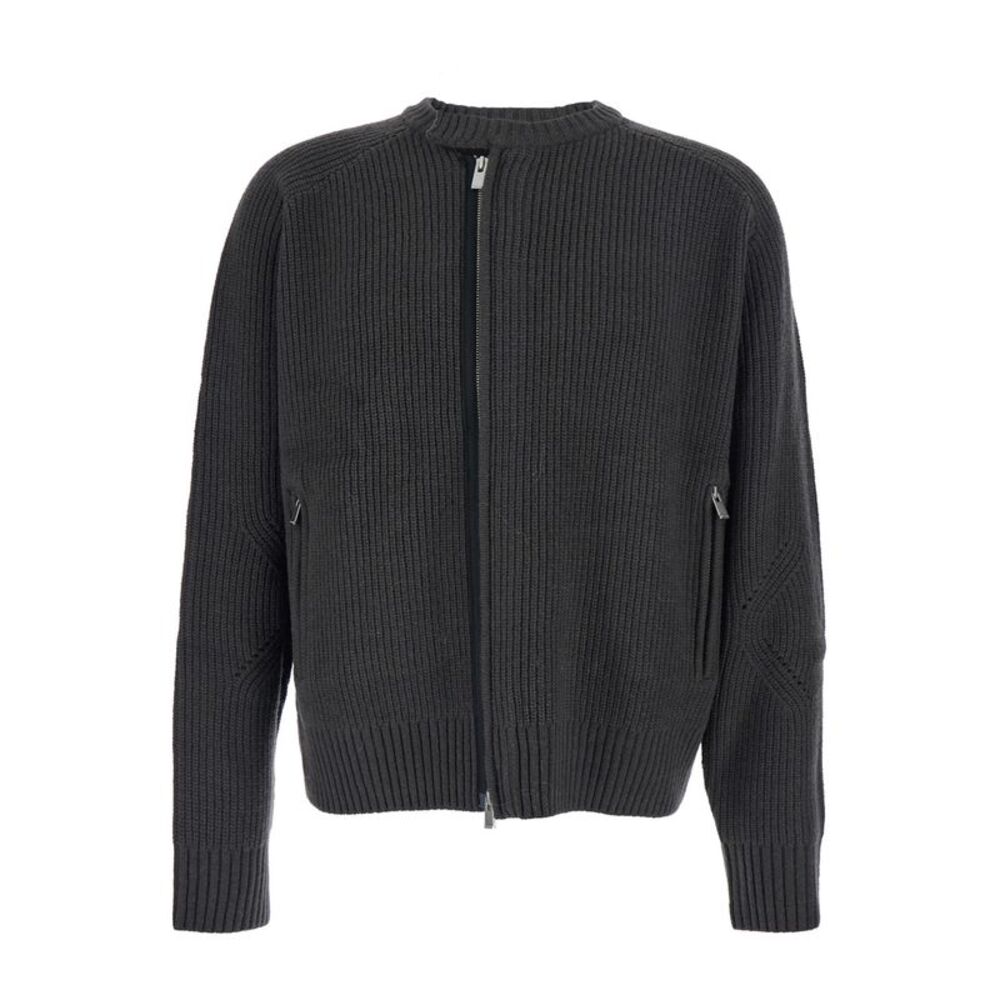 Tonywack Men Grey Crew Neck Cardigan With Ribbed Design In Wool Man